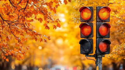 Vertical traffic lights surrounded by a vibrant display of autumn leaves in a peaceful park setting  The rich orange red and yellow hues of the foliage create a warm and inviting natural landscape