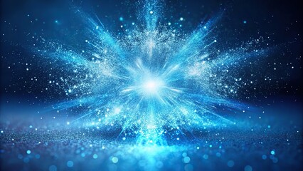 explosion of glowing light blue dust on blue background sparkling and magical effect extreme close-u