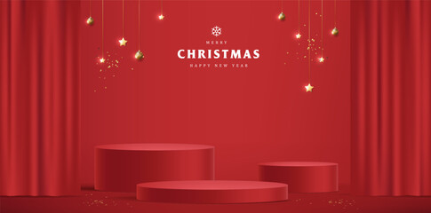 Wall Mural - merry christmas banner with stage product display cylindrical shape and festive decoration for chris