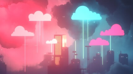 Poster - Futuristic Cityscape with Neon Clouds and Fog