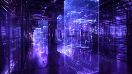 Poster - Abstract Purple and Blue Neon Geometric Shapes Futuristic Corridor