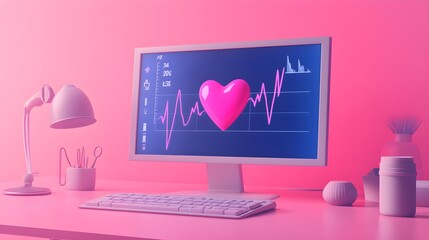 Poster - Pink Computer Desk with Heartbeat Monitor and Heart Icon