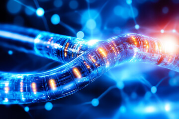 Poster - glowing blue fiber optic cables twist together, illuminating a futuristic digital landscape filled w