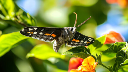 Sticker - A black, orange, and white butterfly with long antennae perched on a green leaf with orange flowers in the background.