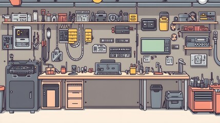 Poster - Cartoon Illustration of a Workshop with Tools and Equipment