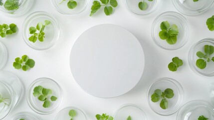 2410 2.Clean top-down shot of a white circular podium in the center, surrounded by clear laboratory glassware filled with vibrant, fresh gotu kola leaves. The background is entirely white, creating a