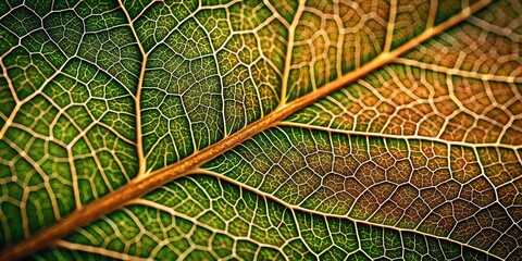 Close-up macro photography of a single leaf with intricate veins and texture, textures, nature photography, botany
