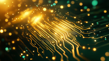 Poster - A conceptual display of quantum computing elements featuring luminous circuits and dynamic particles
