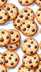 Seamless pattern of chocolate chip cookies on a white background.