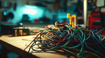 Poster - Colorful Cables Tangled on Workbench