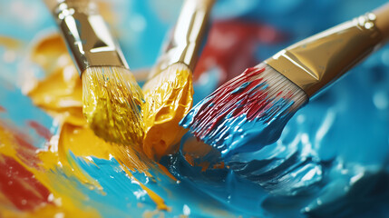 Artist brushes are coated in bright paints, showcasing a colorful blend of yellow, red, and blue on a palette