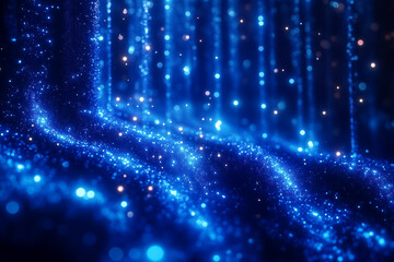 Poster - Vibrant blue light emanates from fiber optic cables, creating a glowing effect in a dark environment