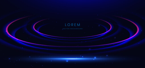 Wall Mural - abstract technology futuristic swirl glowing neon blue and pink light ray on black background with l