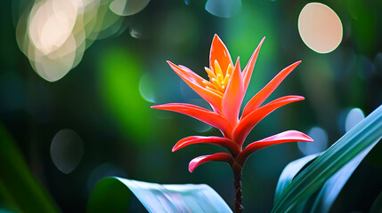 Wall Mural - A close-up of a vibrant red bromeliad flower with green leaves and a blurry background.