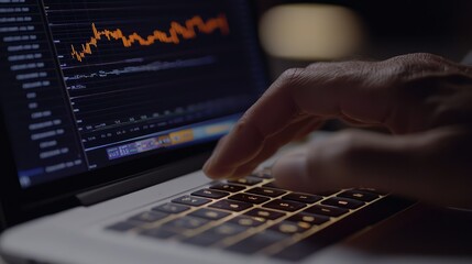 Poster - Close Up of Hand Typing on Laptop with Financial Data