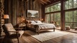 © AI Art Gallery - Cozy Cabin Bedroom with warm wood, fireplace, and wide forest-view windows V2