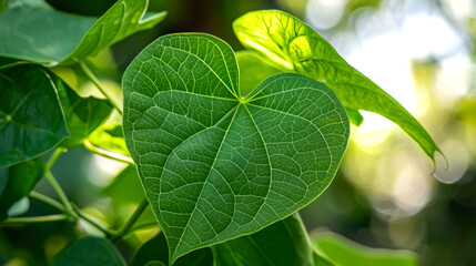 Wall Mural - A close-up shot of a heart-shaped green leaf with visible veins against a blurred background.