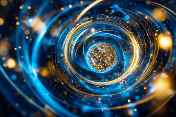 Poster - Swirling elements of light and particles symbolize quantum computing's complexity and potential for advanced technology