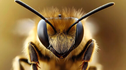 Sticker - A close-up view of a honeybee, showcasing its compound eyes, antennae, and fuzzy body.