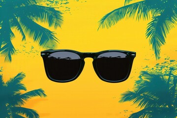 Poster - Silhouette of stylish sunglasses contrasts against a vivid beach backdrop with palm trees during a colorful sunset. Generative AI