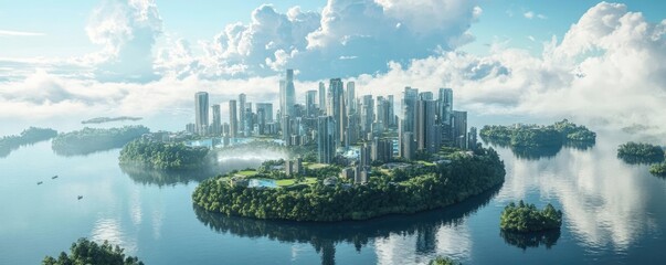 A floating island city, with advanced tech managing its sustainability