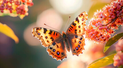 Sticker - A colorful butterfly with its wings spread wide, perched on a pink flower in a field of green.