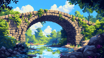 Pixelated stone bridge over river in sunny day. Digital Pixel Art. Illustration