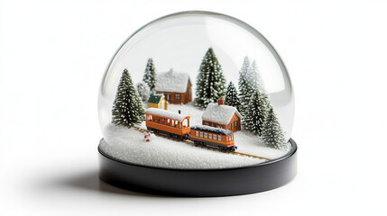 charming snow globe featuring tiny holiday train circling snowy village scene with miniature houses and evergreen trees, evoking festive atmosphere