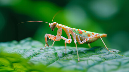 A green and orange praying mantis perches on a leaf with a blurred green background.