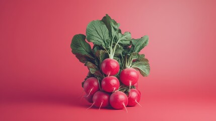 Fresh Radishes with Green Tops on Pink Background