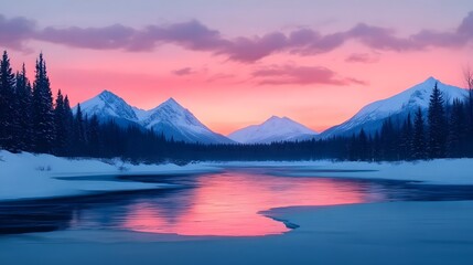 Poster - Serene Winter Landscape at Sunset Reflection