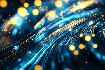 Poster - Illuminated fiber optic cables emit vibrant blue light, swirling with golden bokeh, evoking a high-tech ambiance
