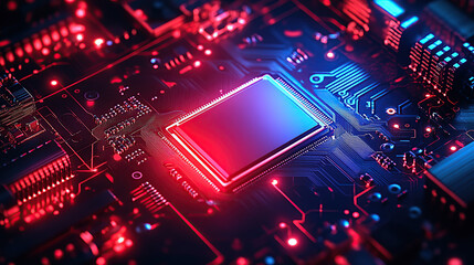 Close-up of a glowing microchip on a circuit board, with a chip in the middle