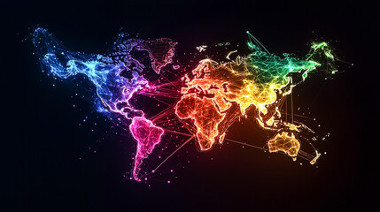 Poster - Colorful network nodes connect continents, highlighting the intricate links of global communication and data exchange