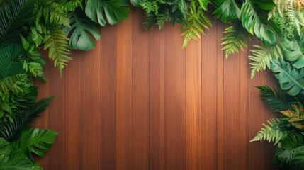 Lush green leaves framing a warm wooden background for natural aesthetic design elements in creative projects