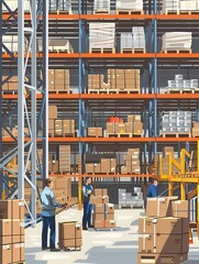 Poster - Warehouse workers are actively transporting boxes and pallets while organizing shelves stocked with various products. Generative AI