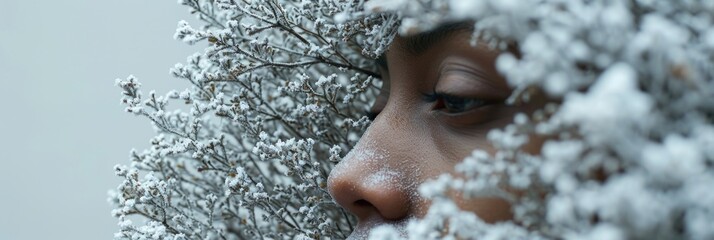 Winter Concept Profile Amid White Frosted Flora