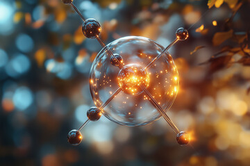 Poster - An artistic representation of an atomic model with electrons orbiting around the nucleus, set against a dreamy backdrop