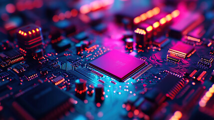 Close-up of a glowing microchip on a circuit board, with a chip in the middle