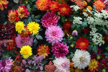 Aufkleber - The garden bursts with lively autumn flowers featuring colorful dahlias and chrysanthemums under bright sunlight. Generative AI
