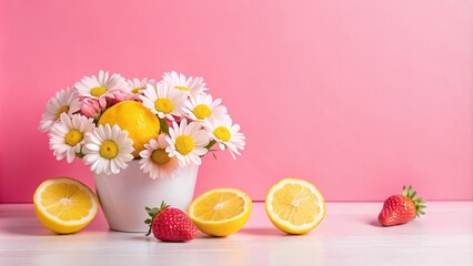 Wall Mural - A white pot with daisies and a lemon, surrounded by lemons, strawberries and a pink background.