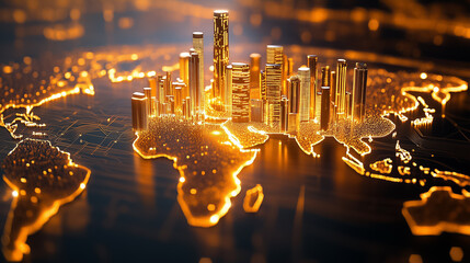Poster - Major cities are highlighted on a glowing world map, creating a captivating view of urban centers worldwide
