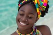 © Aleksandr - Island Girl Bliss Serene Young Woman with Colorful Headscarf Smiling by the Tropical Ocean