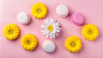 Canvas Print - A flat lay of yellow and white daisies and pastel macarons arranged on a pink background.