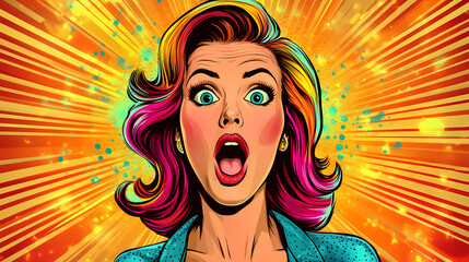 Wall Mural - Wow effect, pop art woman with wow face. retro pop art style surprised and excited comics woman with open mouth, surprised woman on pop art background, generative ai. Pop Art Comic. Illustration