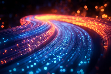 Poster - Bright blue and orange fiber optic cables glow, forming a dynamic and colorful path against a dark background
