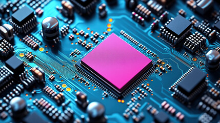 Close-up of a glowing microchip on a circuit board, with a chip in the middle