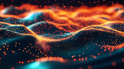 Wall Mural - Vibrant digital wave pattern with glowing particles on a dark background, perfect for tech, digital art, and futuristic design projects. Digital Pixel Art. Illustration