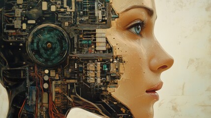 Poster - A striking representation of artificial intelligence features a detailed human-like profile intertwined with complex circuitry and electronic components, highlighting advanced technology