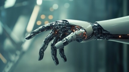 Poster - A robotic hand reaches out, showcasing the integration of artificial intelligence in modern waste collection systems, emphasizing innovation and technology